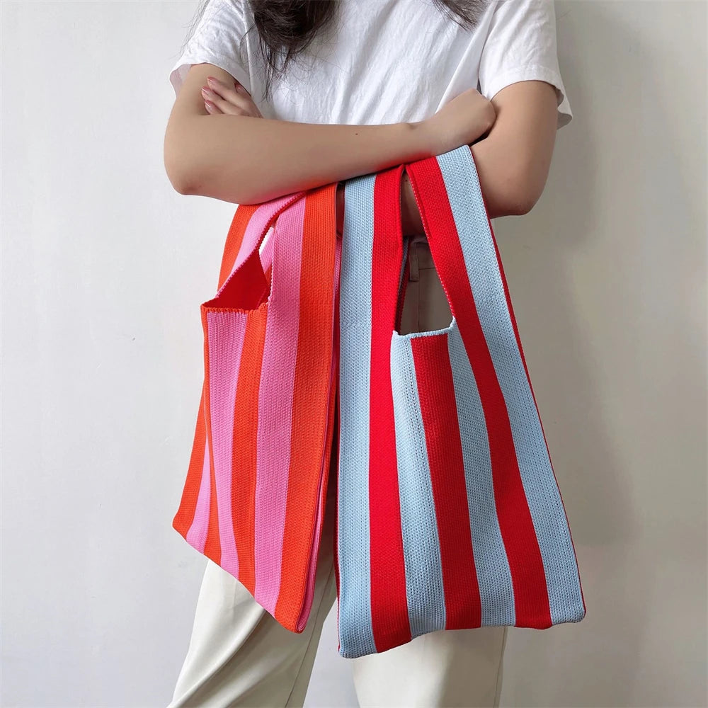 Striped Knitting Tote Bags